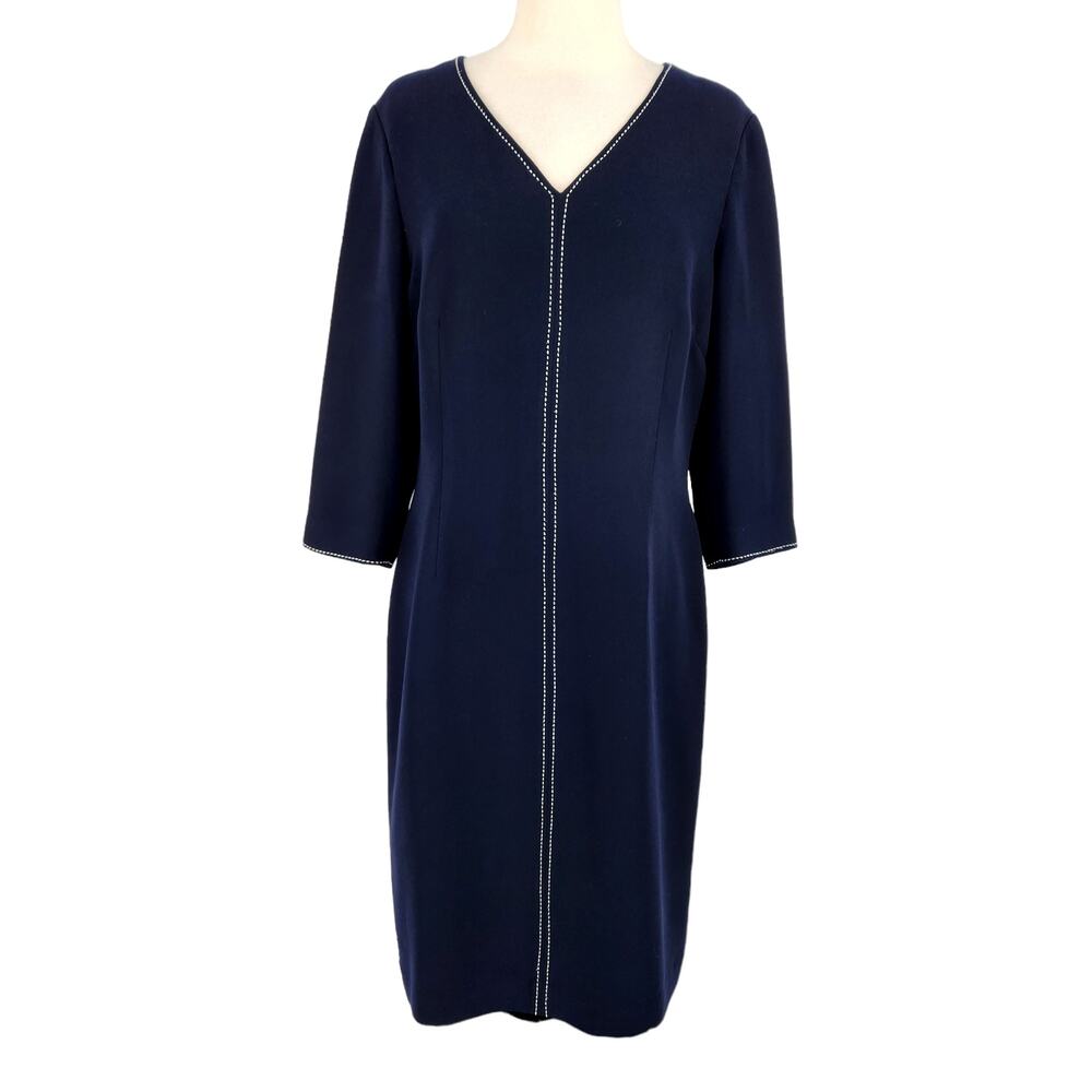 SALE David Warren Navy Blue Sheath Dress with Contrasting White Stitches